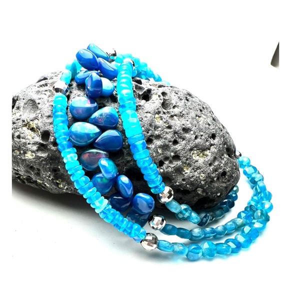 Natural Apatite and Black Opal Wrap Bracelet, Necklace Solid 14k White Gold - Picture 6 of 7